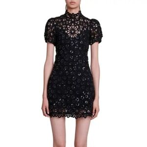 NWOT Maje Black Sequin & Crochet Backless Mini Cocktail Party Dress Size FR 40